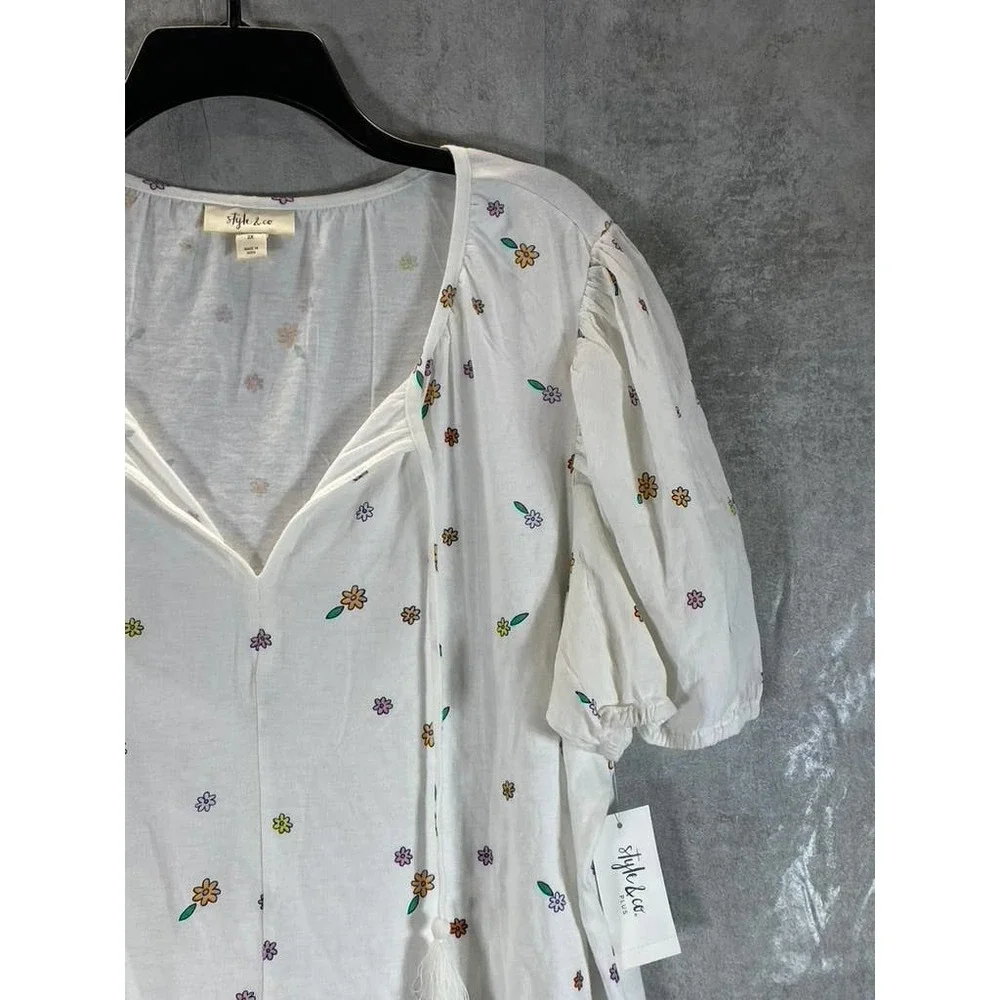 Style & Co Women's Plus Size White Garden Printed Puff-Sleeve Tie-Neck Top SZ 2X - Picture 3 of 10
